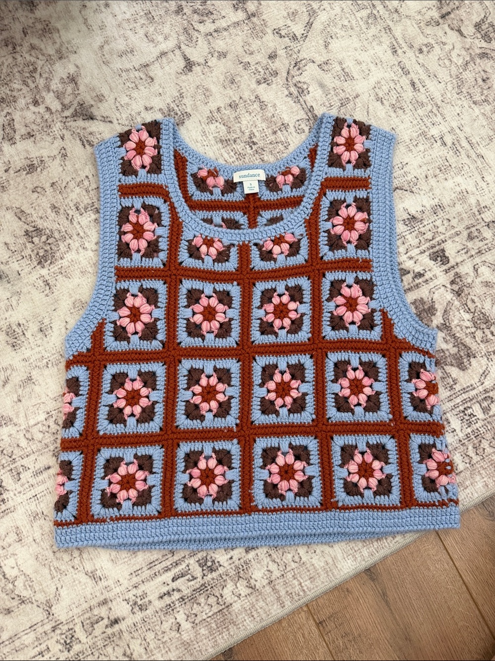 Sundance Crocheted Floral Square Tank - Light Blue, Pink & Brown